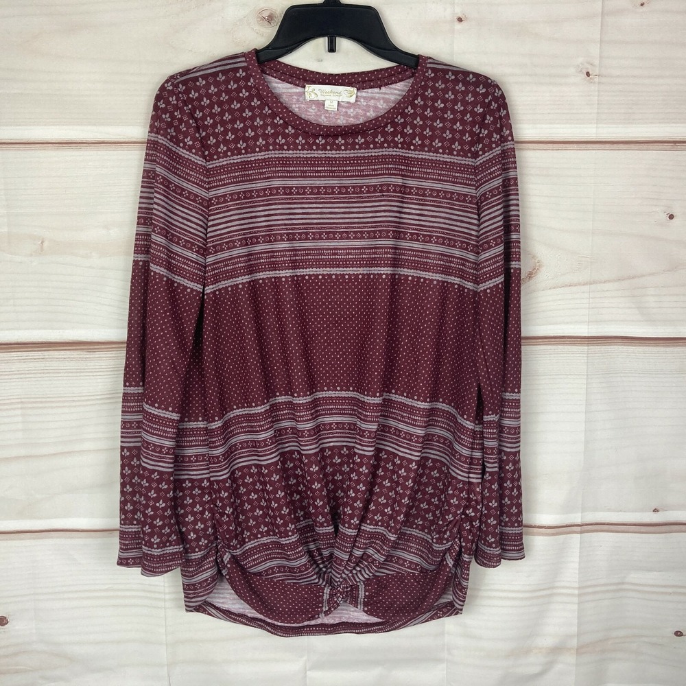Susan Betro Top Womens M Red Weekend Twist Front Knit Long Sleeve Striped Knit